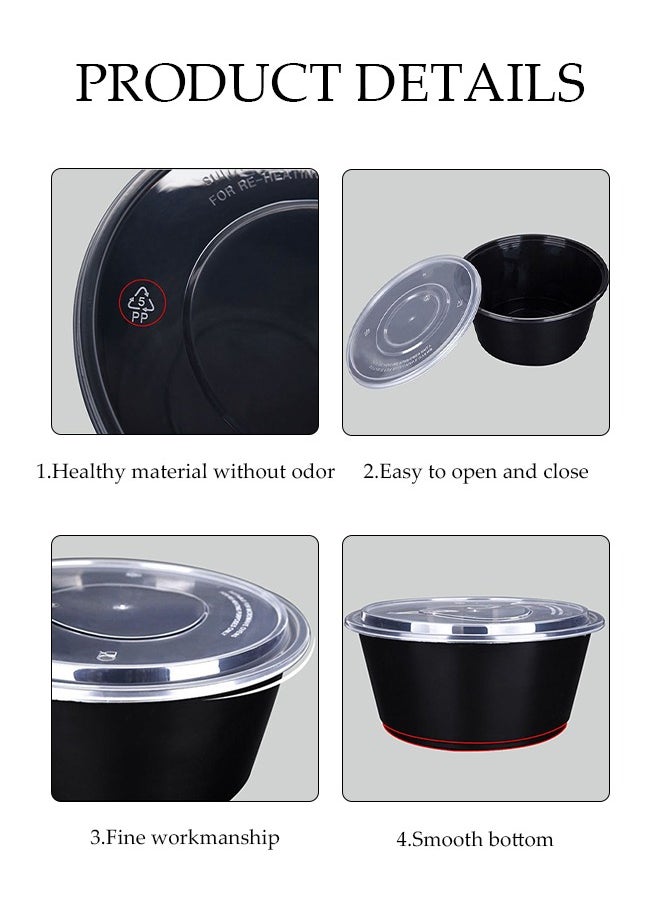 DUNISO - 50-Pieces，625ml Thickened Meal Prep Containers,Reusable Heatable Food Storage Circular Containers WIth Lids For Packing,Storage,14.9*10.5*5.5CM,Black - Image 1
