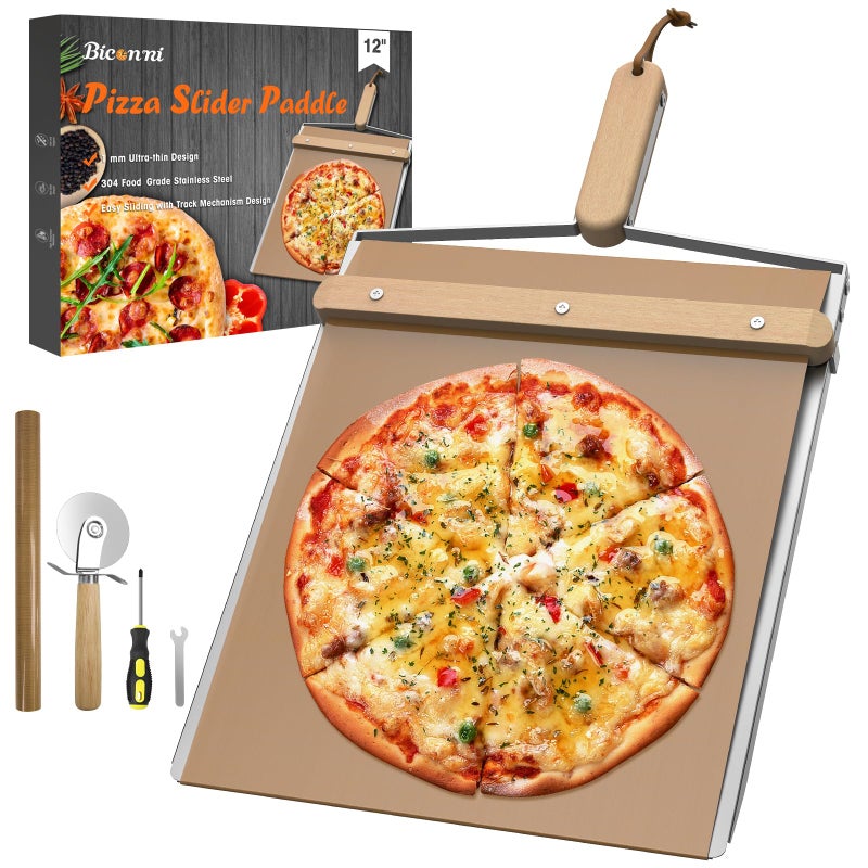 Biconimi Sliding Pizza Peel large Pizza Peel Metal Sliding Tray 15 X 13 Making 12 Inch 304 Stainless Steel Metal Premium Pizza Board with Solid Wood Handle and Pizza Cutter Wheel - Image 2