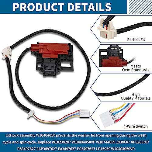 M Motico مجموعة قفل غطاء الغسالة M Motico W10404050 W10238287 مع مفتاح قفل الغطاء W10240513 متوافقة مع Whirlpool و Maytag و Kenmore واستبدال W10744659 و AP5263307 و 1938607 - ضمان لمدة سنة - Image 3