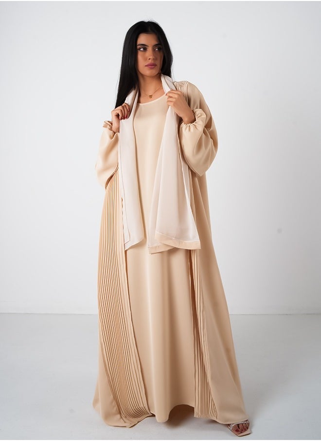 JAMEELA Cream Pleated Front Open Abaya 3 pieces Set - Image 1