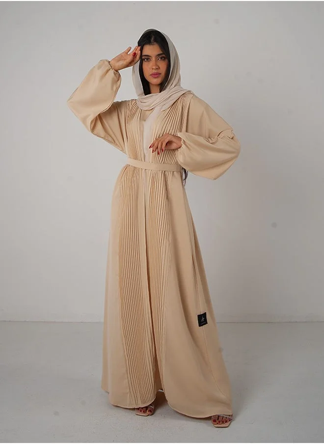 جميلة Cream Pleated Front Open Abaya 3 pieces Set