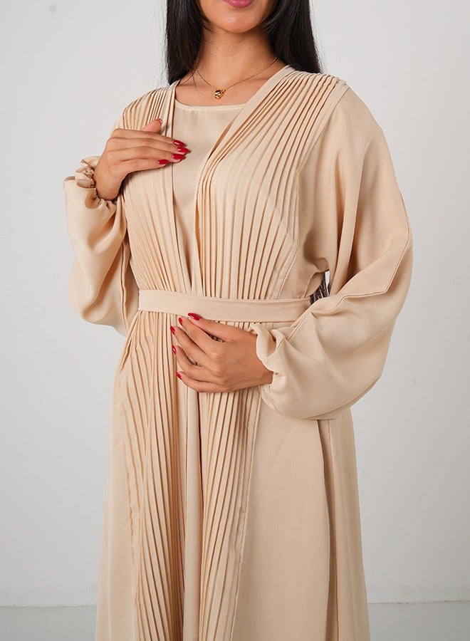 JAMEELA Cream Pleated Front Open Abaya 3 pieces Set - Image 4