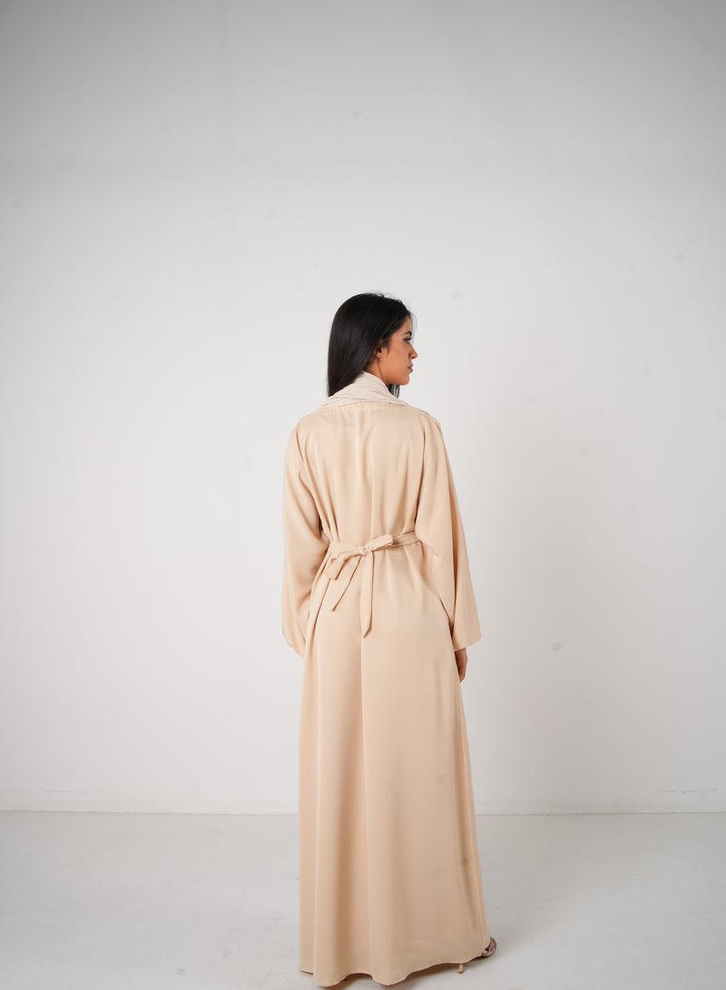 JAMEELA Cream Pleated Front Open Abaya 3 pieces Set - Image 3