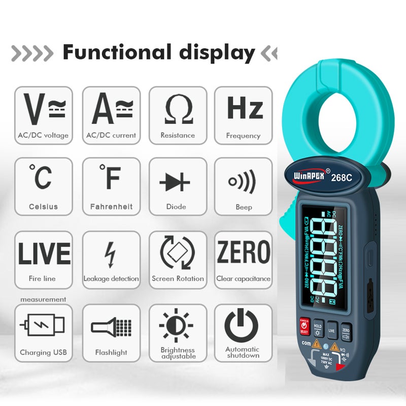 Digital Clamp Meter: Blue + Black, 6000-Count Rotating LCD, High-Precision AC Leakage Detection - 750mAh Rechargeable Battery, Multi-Function Electrical Tester for Electricians, HVAC Technicians & Pro - Image 3