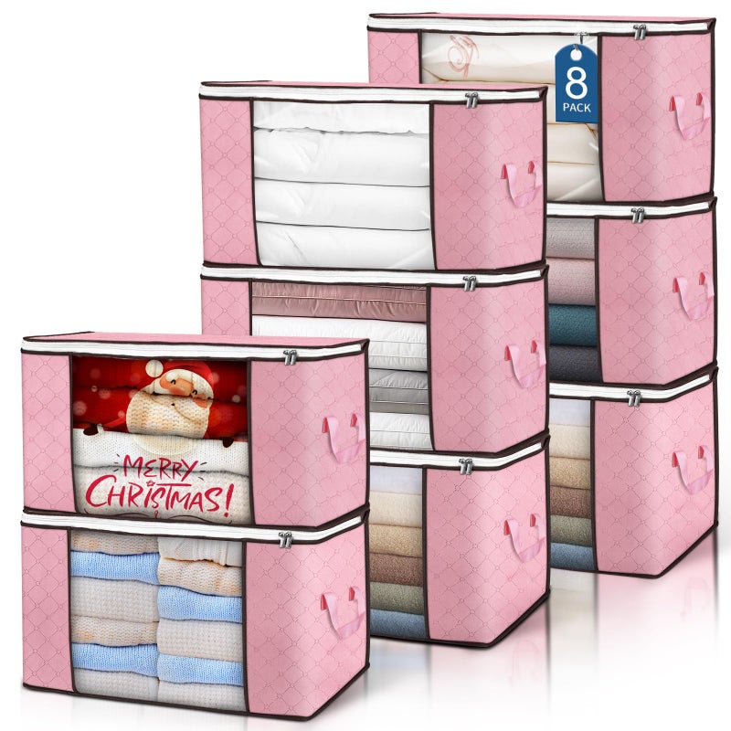90 L Large Storage Bags 8 Pack Clothes Storage Bins Foldable Closet Organizer Storage Containers with Durable Handle Storage and Organization Blanket Comforters Bed Sheets Pillows and Toys Pink