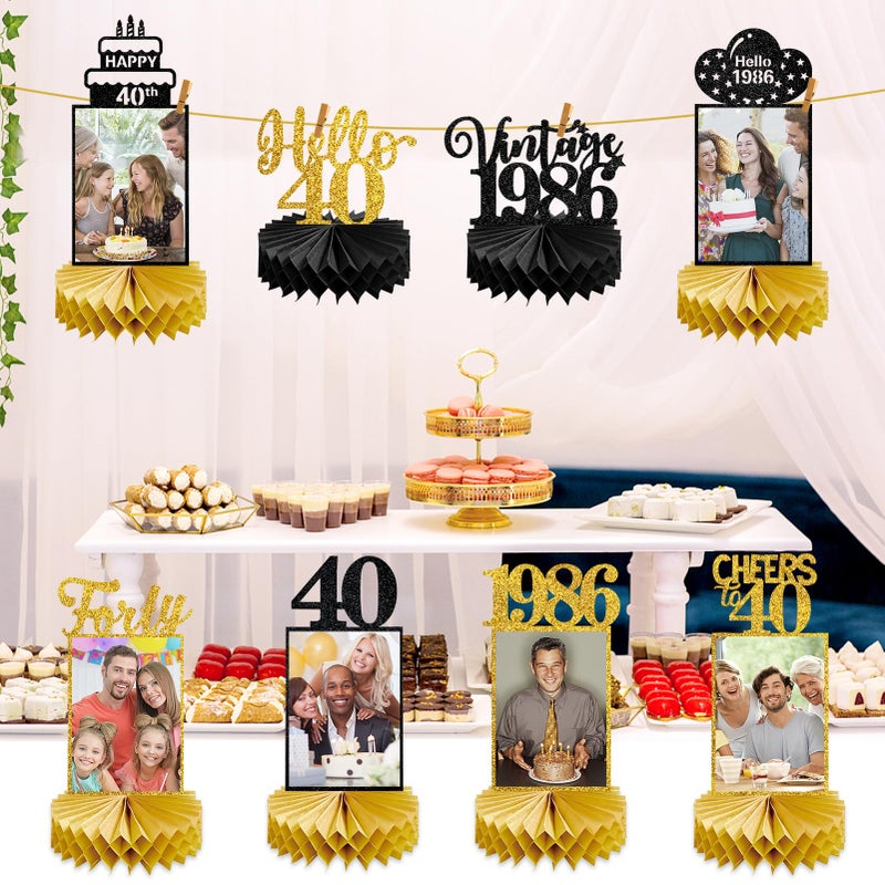 Eucutur 8Pcs 40th Birthday Decorations Honeycomb Centerpieces for Women Men, Black Gold Vintage 1986 40th Bday Photo Table Centerpieces Party Supplies, Glitter Cheers to 40 Year Old Bday Table Topper - Image 3