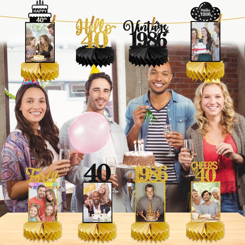 Eucutur 8Pcs 40th Birthday Decorations Honeycomb Centerpieces for Women Men, Black Gold Vintage 1986 40th Bday Photo Table Centerpieces Party Supplies, Glitter Cheers to 40 Year Old Bday Table Topper - Image 4
