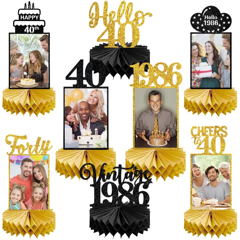 Eucutur 8Pcs 40th Birthday Decorations Honeycomb Centerpieces for Women Men, Black Gold Vintage 1986 40th Bday Photo Table Centerpieces Party Supplies, Glitter Cheers to 40 Year Old Bday Table Topper - Image 1