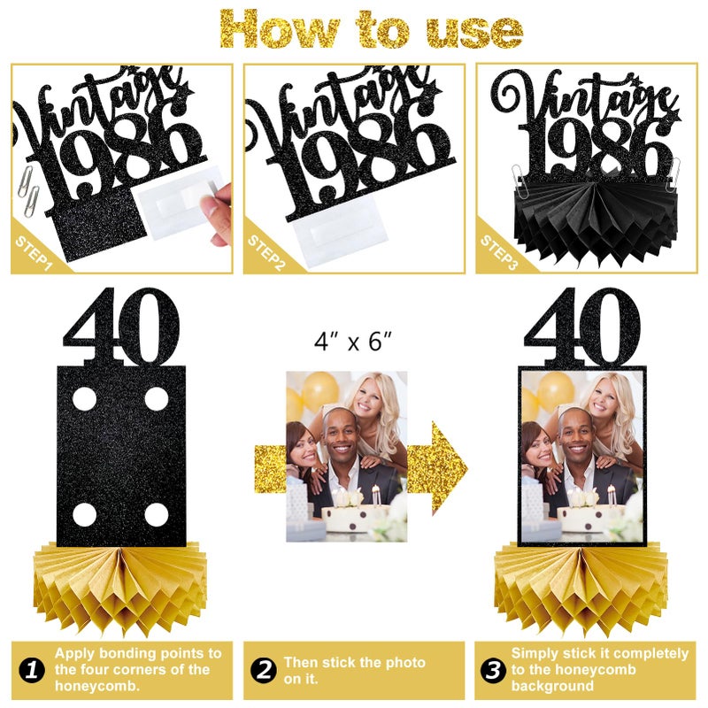 Eucutur 8Pcs 40th Birthday Decorations Honeycomb Centerpieces for Women Men, Black Gold Vintage 1986 40th Bday Photo Table Centerpieces Party Supplies, Glitter Cheers to 40 Year Old Bday Table Topper - Image 5