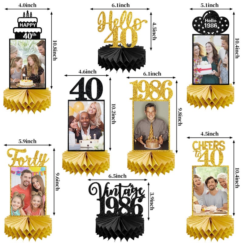 Eucutur 8Pcs 40th Birthday Decorations Honeycomb Centerpieces for Women Men, Black Gold Vintage 1986 40th Bday Photo Table Centerpieces Party Supplies, Glitter Cheers to 40 Year Old Bday Table Topper - Image 2
