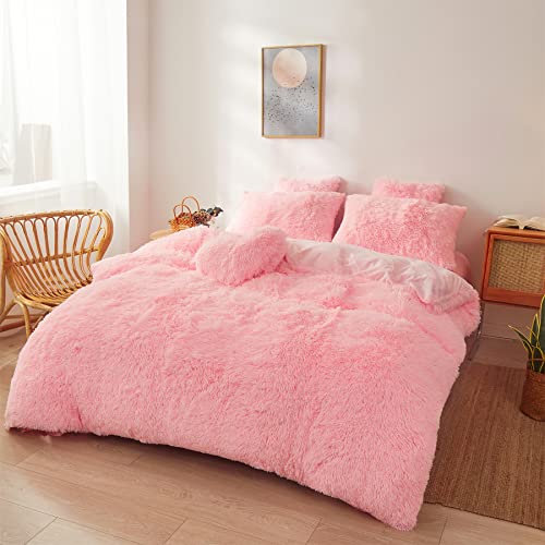 FOPPA Fluffy Faux Fur Pink Comforter Cover Set Queen - Ultra Soft Plush Pink Bedding Sets 3 Pieces (1 Fluffy Duvet Cover + 2 Faux Fur Pillow case) Cute Bed Set (Light Pink, Queen) - Image 2