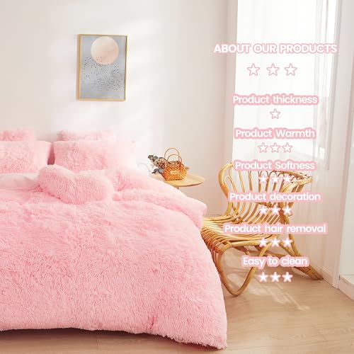 FOPPA Fluffy Faux Fur Pink Comforter Cover Set Queen - Ultra Soft Plush Pink Bedding Sets 3 Pieces (1 Fluffy Duvet Cover + 2 Faux Fur Pillow case) Cute Bed Set (Light Pink, Queen) - Image 5