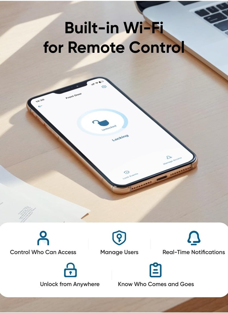 إيوفي قفل باب ذكي من eufy C33، بدون مفتاح ببصمة الإصبع، مع مقبض، مدمج بشبكة Wi-Fi، تحكم عن بُعد عبر التطبيق، مقبض بيومتري لباب الدخول، قفل تلقائي، مقاوم للماء بمعيار IP53  - Image 4