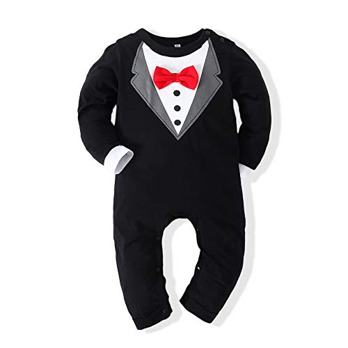 Kimocat Baby Boy Romper Tuxedo Jumpsuit Gentleman One-Piece Button-Down Bowtie Wedding Suit Bodysuit - Image 1