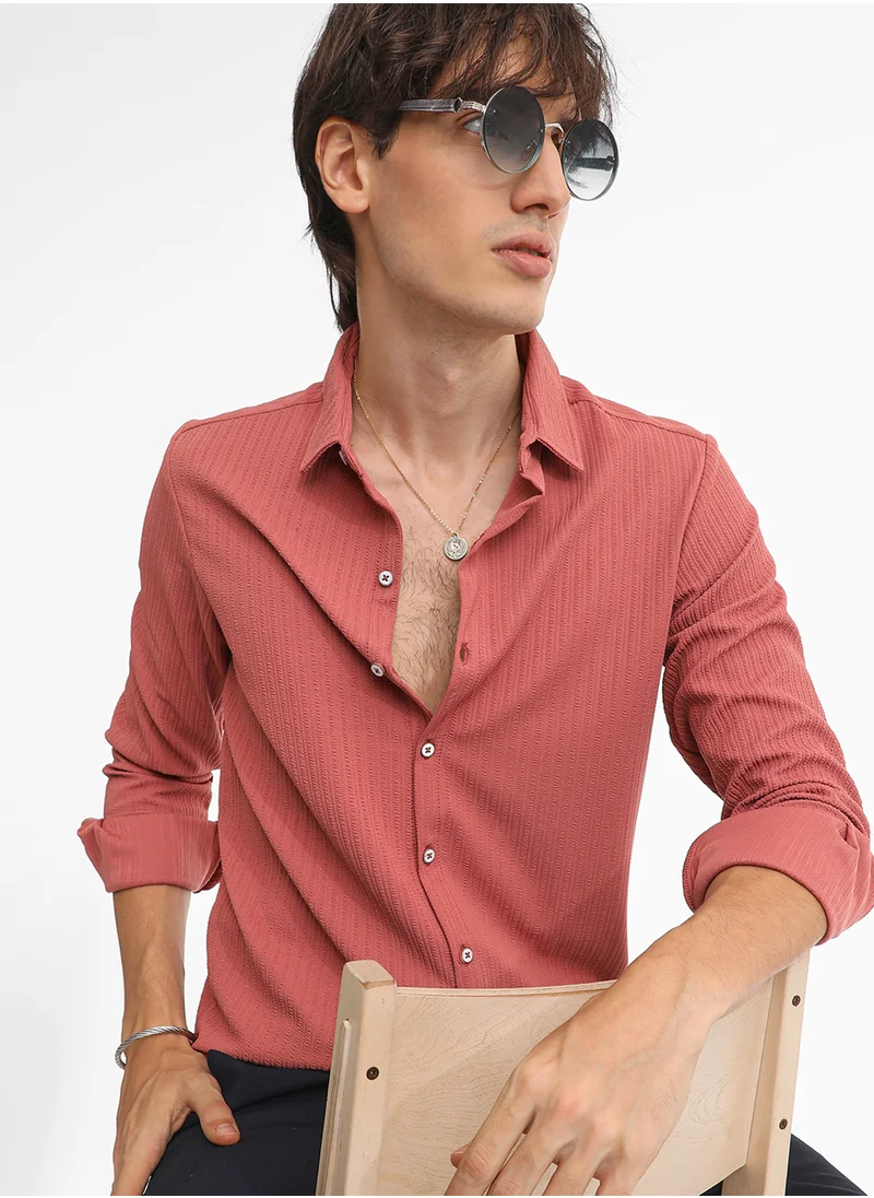 Campus Sutra Men's Coral Pink Stripe-Creased Shirt