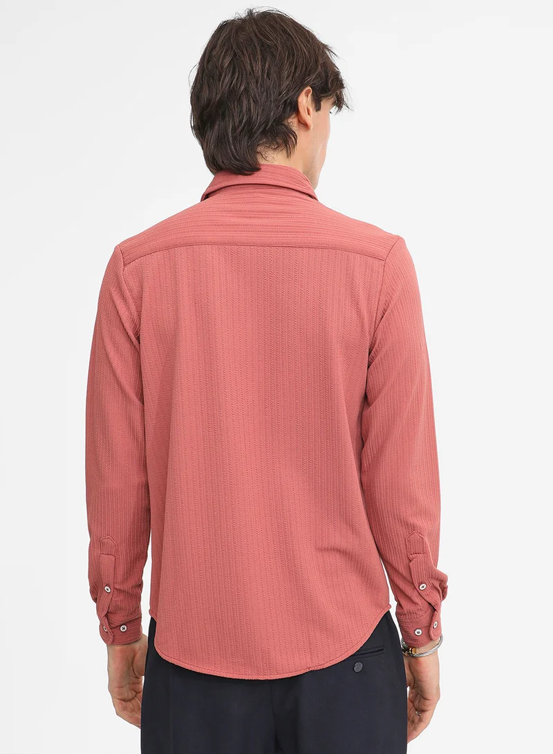 Campus Sutra Men's Coral Pink Stripe-Creased Shirt