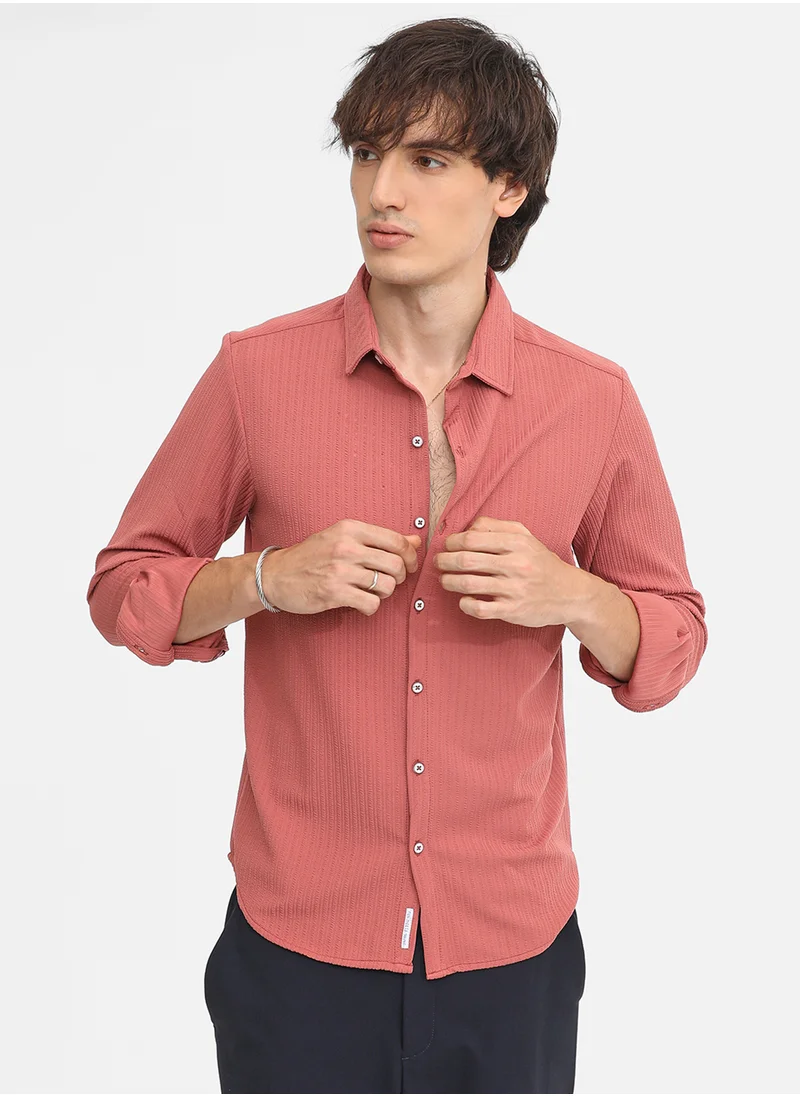 Campus Sutra Men's Coral Pink Stripe-Creased Shirt