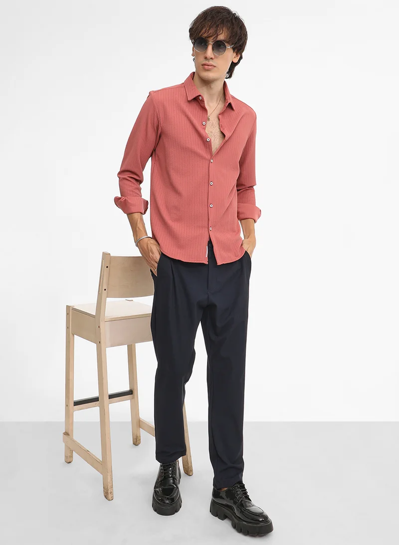 Campus Sutra Men's Coral Pink Stripe-Creased Shirt