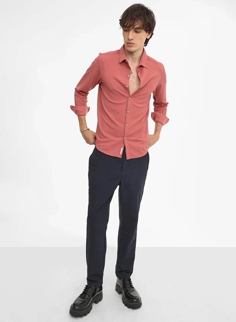 Campus Sutra Men's Coral Pink Stripe-Creased Shirt