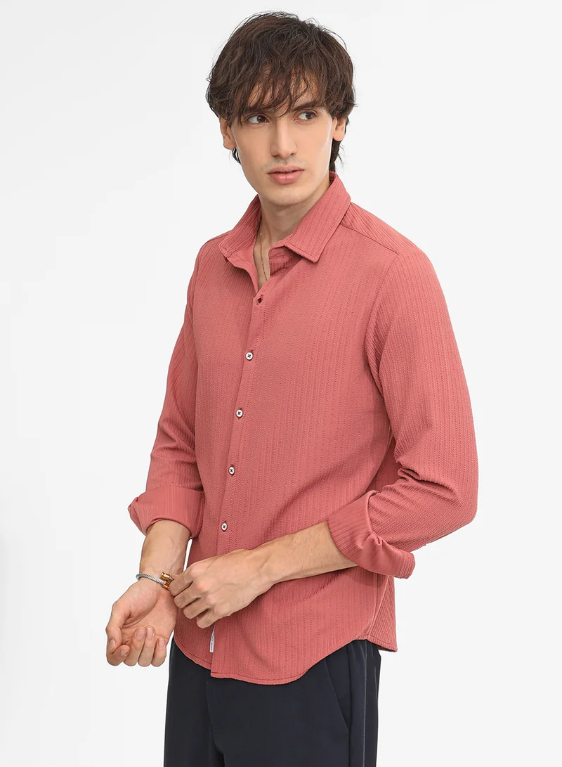 Campus Sutra Men's Coral Pink Stripe-Creased Shirt