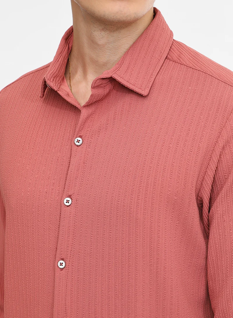 Campus Sutra Men's Coral Pink Stripe-Creased Shirt