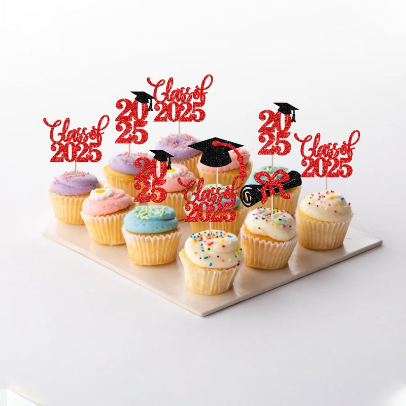 RSSTARXI 24 Pack Greaduation Cupcake Toppers 2025 Red and Bluck Class of 2025 Decorations Cap Cupcake Picks for 2025 Tervement Thief Party Cake Cake - Image 3