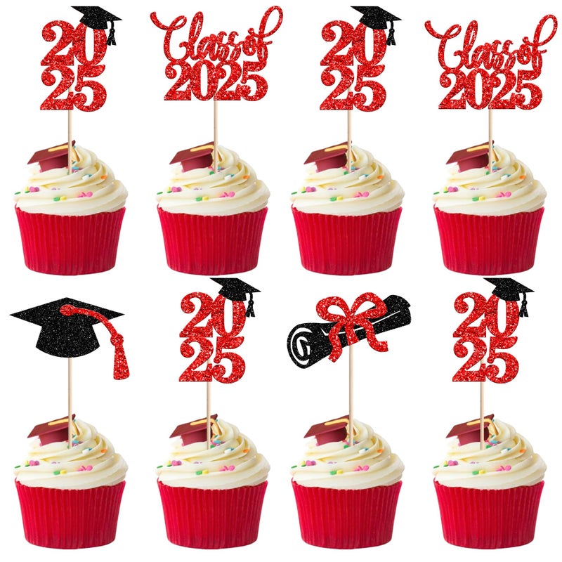 RSSTARXI 24 Pack Greaduation Cupcake Toppers 2025 Red and Bluck Class of 2025 Decorations Cap Cupcake Picks for 2025 Tervement Thief Party Cake Cake - Image 1