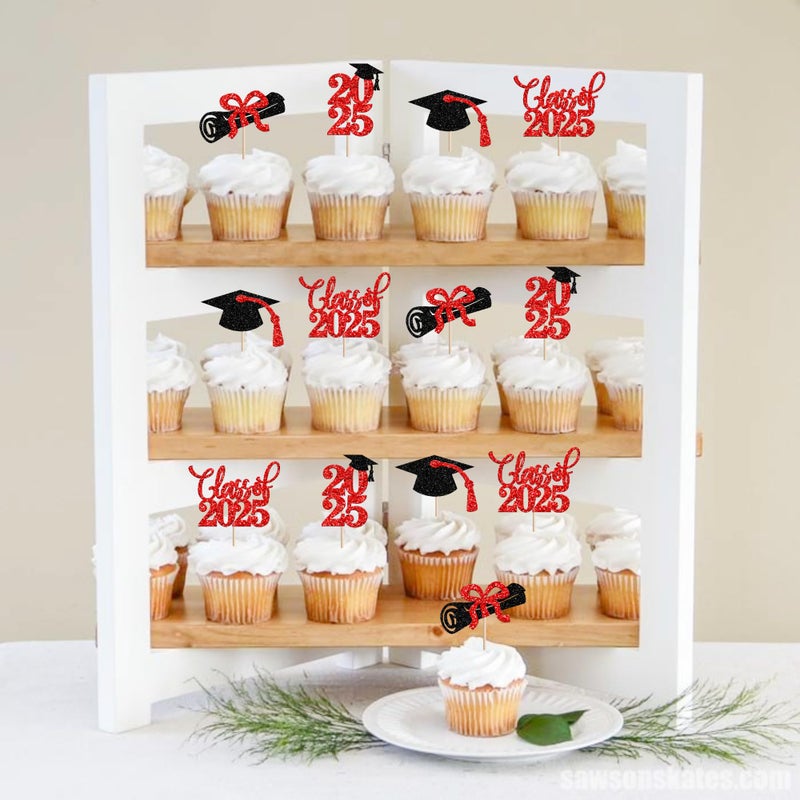 RSSTARXI 24 Pack Greaduation Cupcake Toppers 2025 Red and Bluck Class of 2025 Decorations Cap Cupcake Picks for 2025 Tervement Thief Party Cake Cake - Image 5