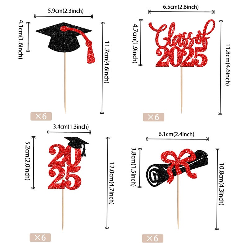 RSSTARXI 24 Pack Greaduation Cupcake Toppers 2025 Red and Bluck Class of 2025 Decorations Cap Cupcake Picks for 2025 Tervement Thief Party Cake Cake - Image 2