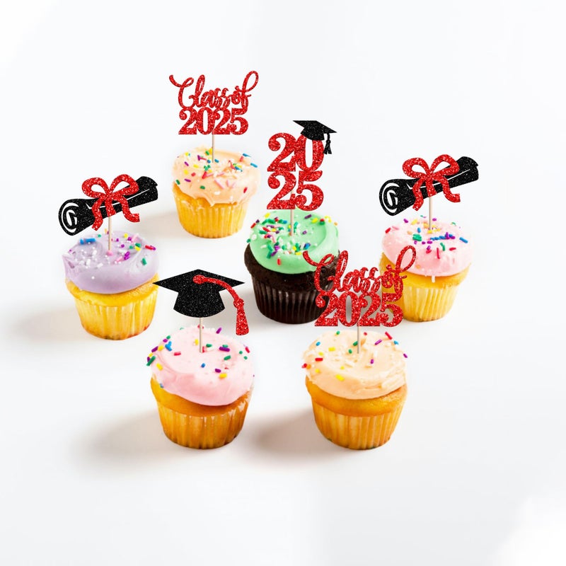 RSSTARXI 24 Pack Greaduation Cupcake Toppers 2025 Red and Bluck Class of 2025 Decorations Cap Cupcake Picks for 2025 Tervement Thief Party Cake Cake - Image 4