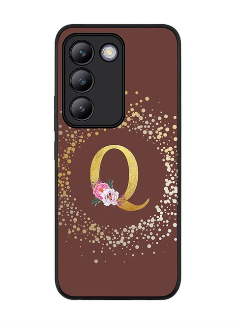 Rugged Black edge case for Vivo V30 Lite 5G, Slim fit Flexible Cover -  Custom Monogram Initial Letter Floral Pattern Alphabet - Q  (Brown )
