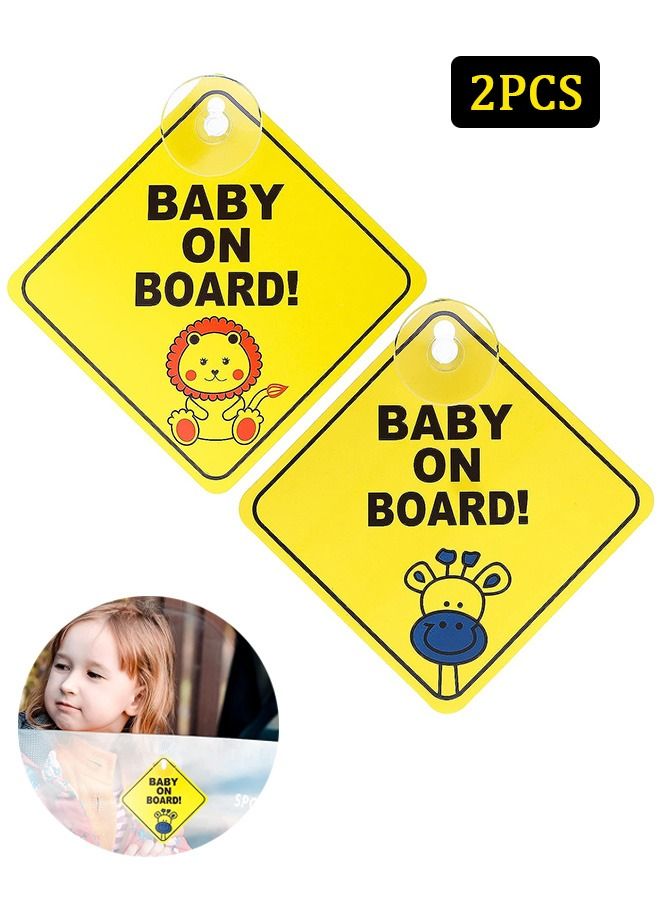 2 Pcs Baby on Board Car Warning Sticker, Reusable Car Window Sticker with Suction Cups, Giraffe Lion Pattern Sticker - Image 1