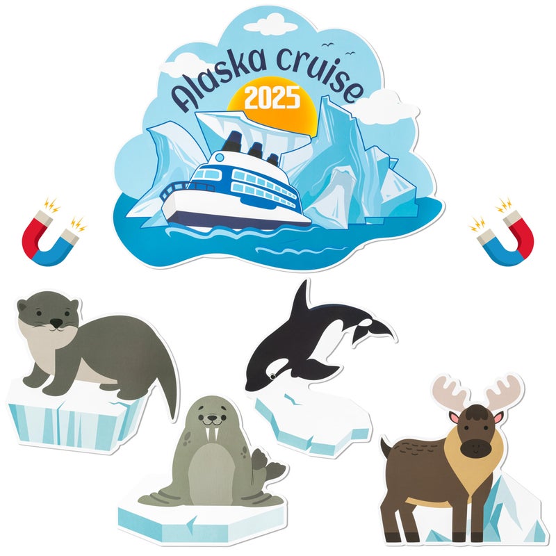 JAPBOR 5PCS Cruise Door Magnet Alaska Cruise Refrigerator Car Ship Magnetic Decal Alaskan Themed Magnets Door Decoration Whale Sea Lion Reindeer Fridge Magnetic Stickers for Carnival Party Decor