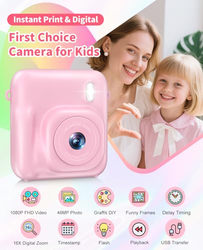 Sevenat Kids Camera Instant Print, 48MP Dual-Lens Digital Camera for Girls Boys Christmas Birthday Gifts, 1080P Selfie Instant Cameras for Kids Video, Portable Toddler for 4-12 Years Old with 32GB Card-Pink - Image 2