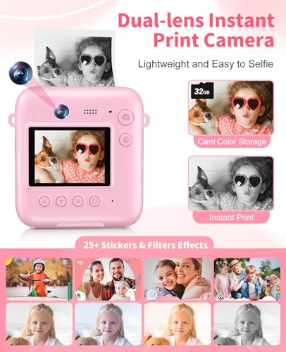 Sevenat Kids Camera Instant Print, 48MP Dual-Lens Digital Camera for Girls Boys Christmas Birthday Gifts, 1080P Selfie Instant Cameras for Kids Video, Portable Toddler for 4-12 Years Old with 32GB Card-Pink - Image 3