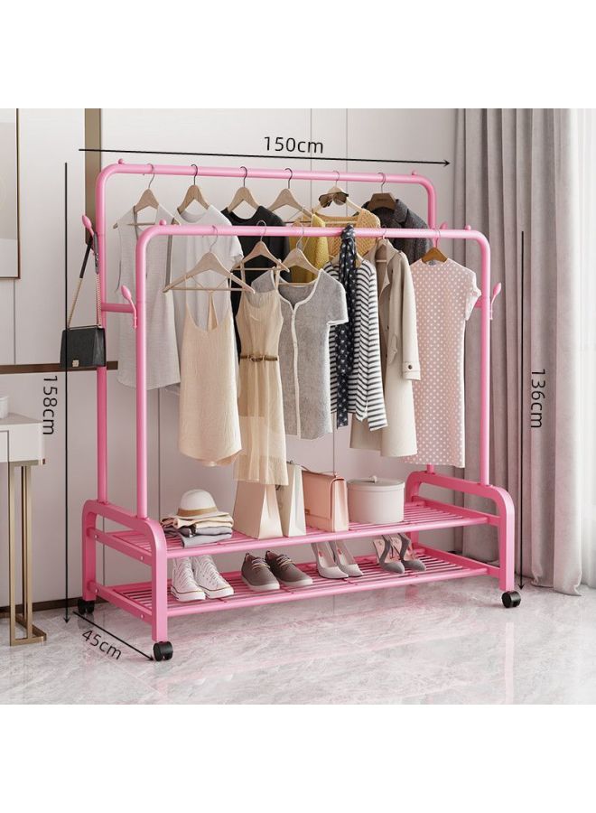 Bold Hanger Floor Drying Rack Household Indoor Folding Vertical Clothes Shelf Simple Wardrobe Storage-Color:Recommended  Pink Double Rod Double Layer + Wheels 1.5m  - Image 1