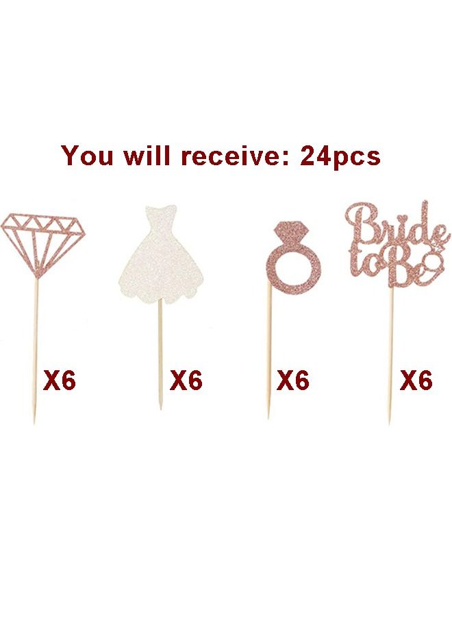 24pcs Bride To Be Cupcake Topper Sparkling Glitter Rose Gold Diamond Ring Wedding Dress Cake Toppers for Engagement Wedding Bachelorette Party Bridal Shower Party Decoration - Image 2
