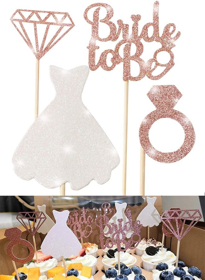 24pcs Bride To Be Cupcake Topper Sparkling Glitter Rose Gold Diamond Ring Wedding Dress Cake Toppers for Engagement Wedding Bachelorette Party Bridal Shower Party Decoration - Image 1