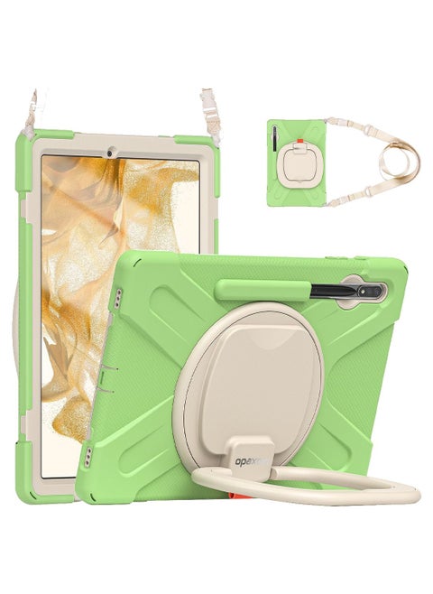 Moxedo Shockproof Rugged Protective Colorful Case with 360 Rotating Kickstand and Shoulder Strap Compatible for Samsung Galaxy Tab S7 Plus 12.4-inch 2020 / S8 Plus 2022 (T730/T970/X800) - Matcha Green