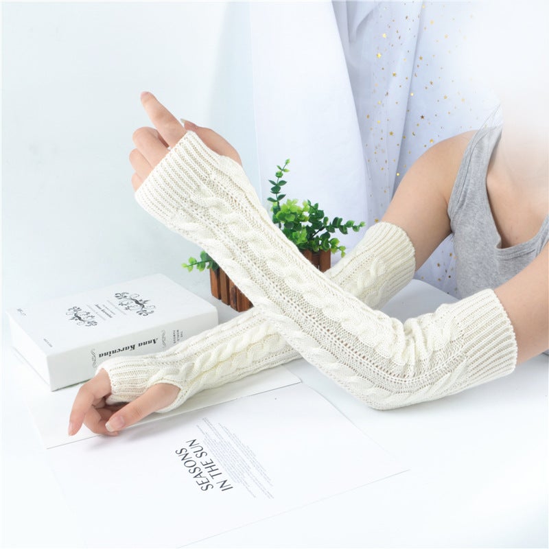 Winter Knit Fingerless Arm Warmers Women White 