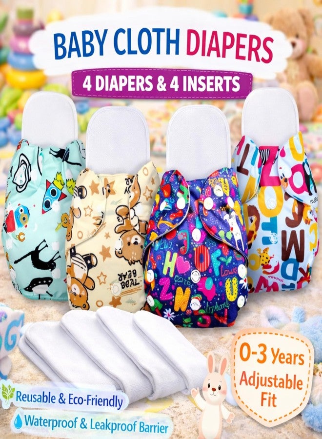 AEREX Premium Reusable Baby Printed 4 Cloth Diapers For 0 to 3 Years With 4 White Insert Pad | Leak Proof Washable Diapers For New Born Babies | Adjustable Pocket Cloth Diaper Nappies (Multi) - Image 2