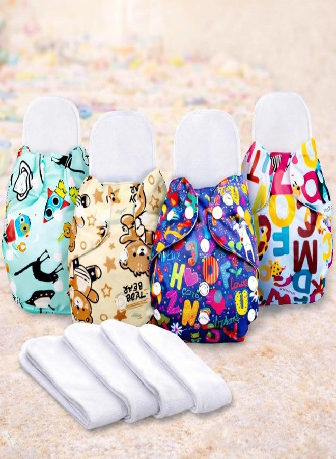 AEREX Premium Reusable Baby Printed 4 Cloth Diapers For 0 to 3 Years With 4 White Insert Pad | Leak Proof Washable Diapers For New Born Babies | Adjustable Pocket Cloth Diaper Nappies (Multi) - Image 1