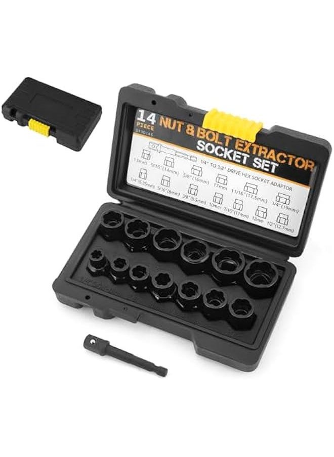 Arabest Bolt Extractor Set, Chrome-Molybdenum Steel Bolt Remover Set with Case, 3/8-inch Drive, 13+1 Pieces with Hex Adapter  - Image 1