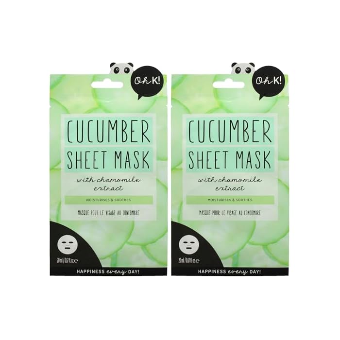 Oh K! Sheet Mask - Cucumber - Moisturizing Face Mask - Hydrating Face Sheets - Rich in Cucumber, Chamomile Extract - Korean Skincare - 1 Pc (Pack of 2)