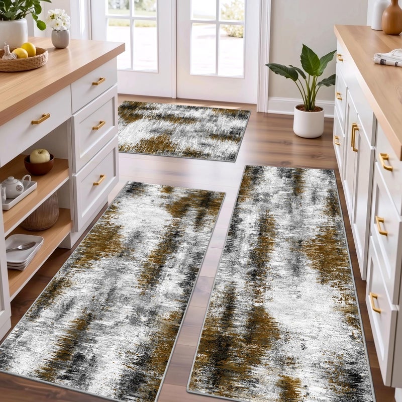 Tritard Upgrade Non Slip Kitchen Rugs Sets of 3 Washable Kitchen Mats for Floor Abstract Kitchen Runner Rug Soft Floor Mat Set Kitchen Carpet Rugs for Hallway, Laundry, Entryway, Office, Grey Brown - Image 1