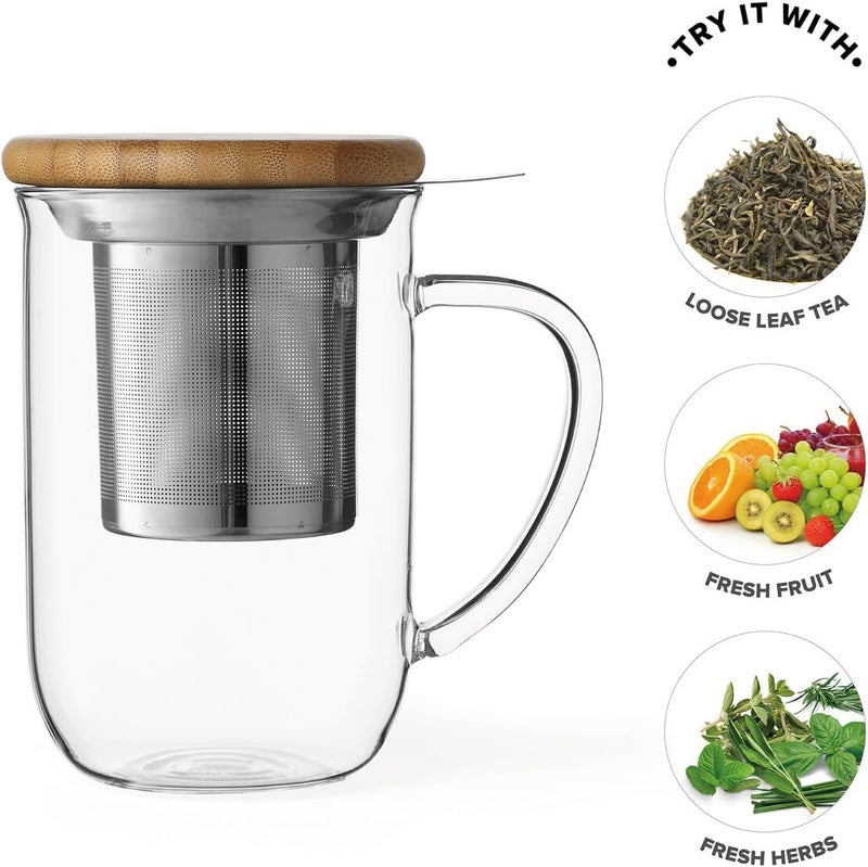 VIVA Scandinavia VIVA Minima Balance Glass Infuser Tea Cup  17 oz  500 ml Mug with Stainless Steel Infusion Mesh and Bamboo Wood Lid - Image 2