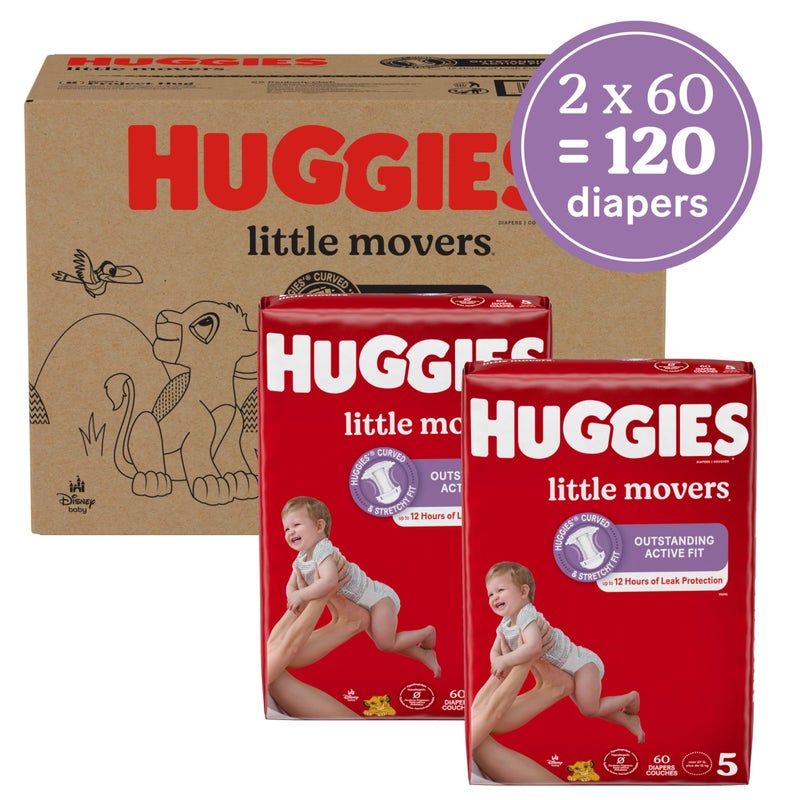 Huggies Size 5 Diapers, Little Movers Baby Diapers, Size 5 (27+ lbs), 120 Count (2 Packs of 60) - Image 2