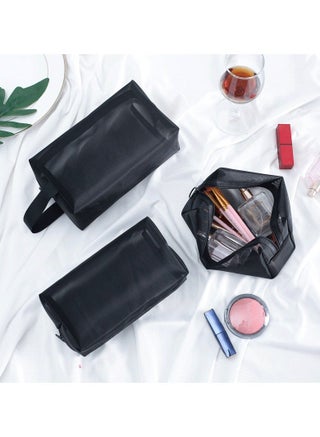 Large Mesh Makeup Bag Set 3PCS Cosmetic Bag Travel Organizer Breathable Mesh Toiletry Bag Cosmetic Storage Pouch for Women Black - view 2