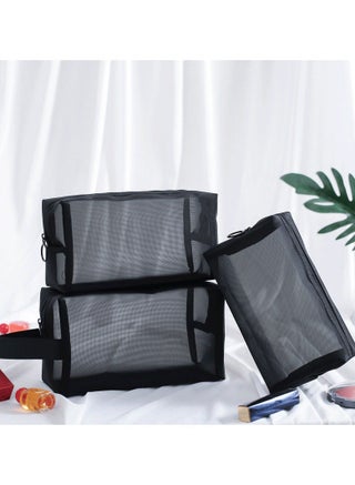 Large Mesh Makeup Bag Set 3PCS Cosmetic Bag Travel Organizer Breathable Mesh Toiletry Bag Cosmetic Storage Pouch for Women Black - view 3