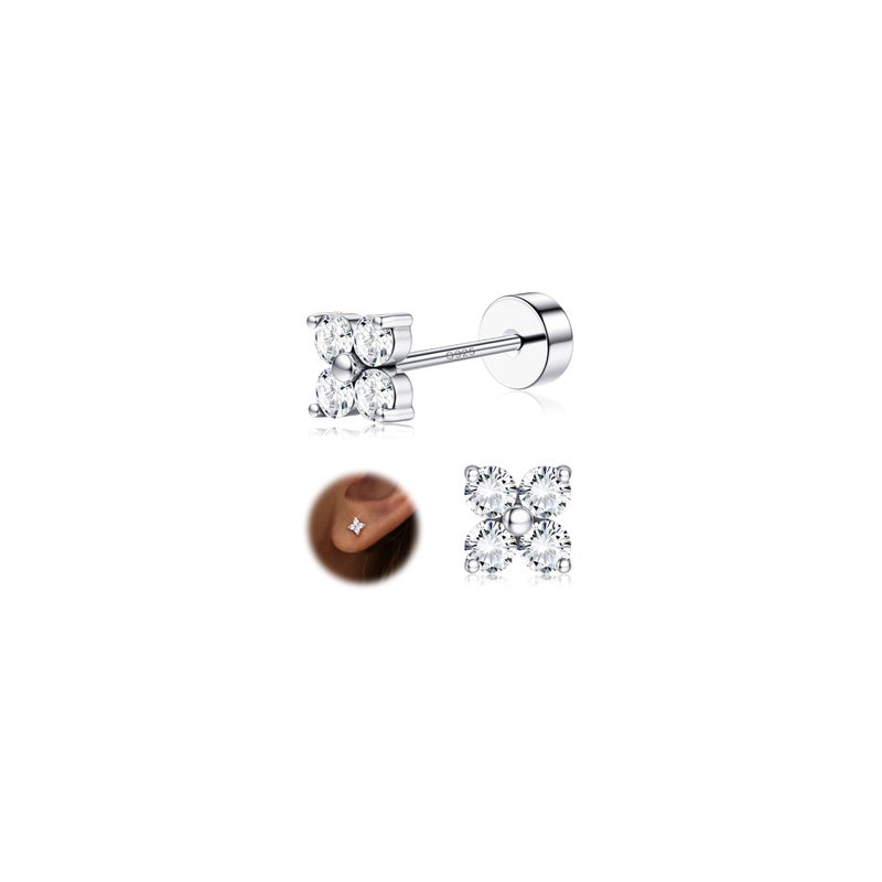 LOYALLOOK 925 Sterling Silver Flat Back Stud Earrings for Women Hypoallergenic | Silver Cartilage Earrings for Sensitive Ears | Small CZ Helix Conch Tragus Piercing Jewelry 20G Square CZ - Image 1